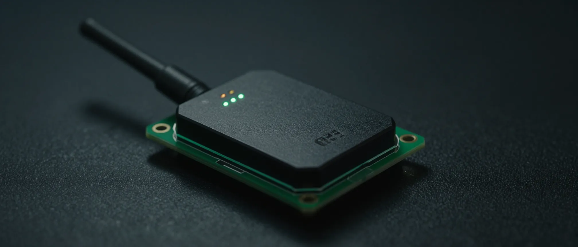 A small custom RF edge-sensor node with a short antenna and status LEDs, lit with emerald rim-light on a near-black surface.